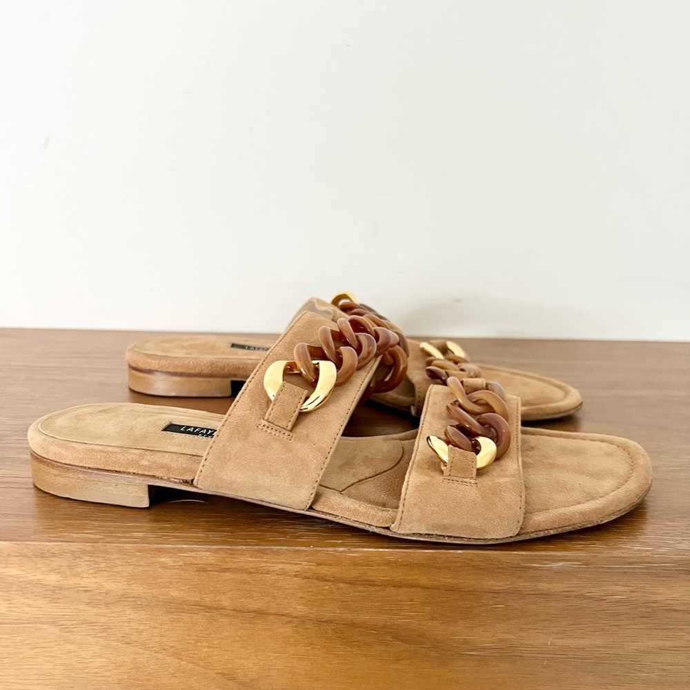 Lafayette suede leather chunky chain sandals slides brown 38.5 8.5